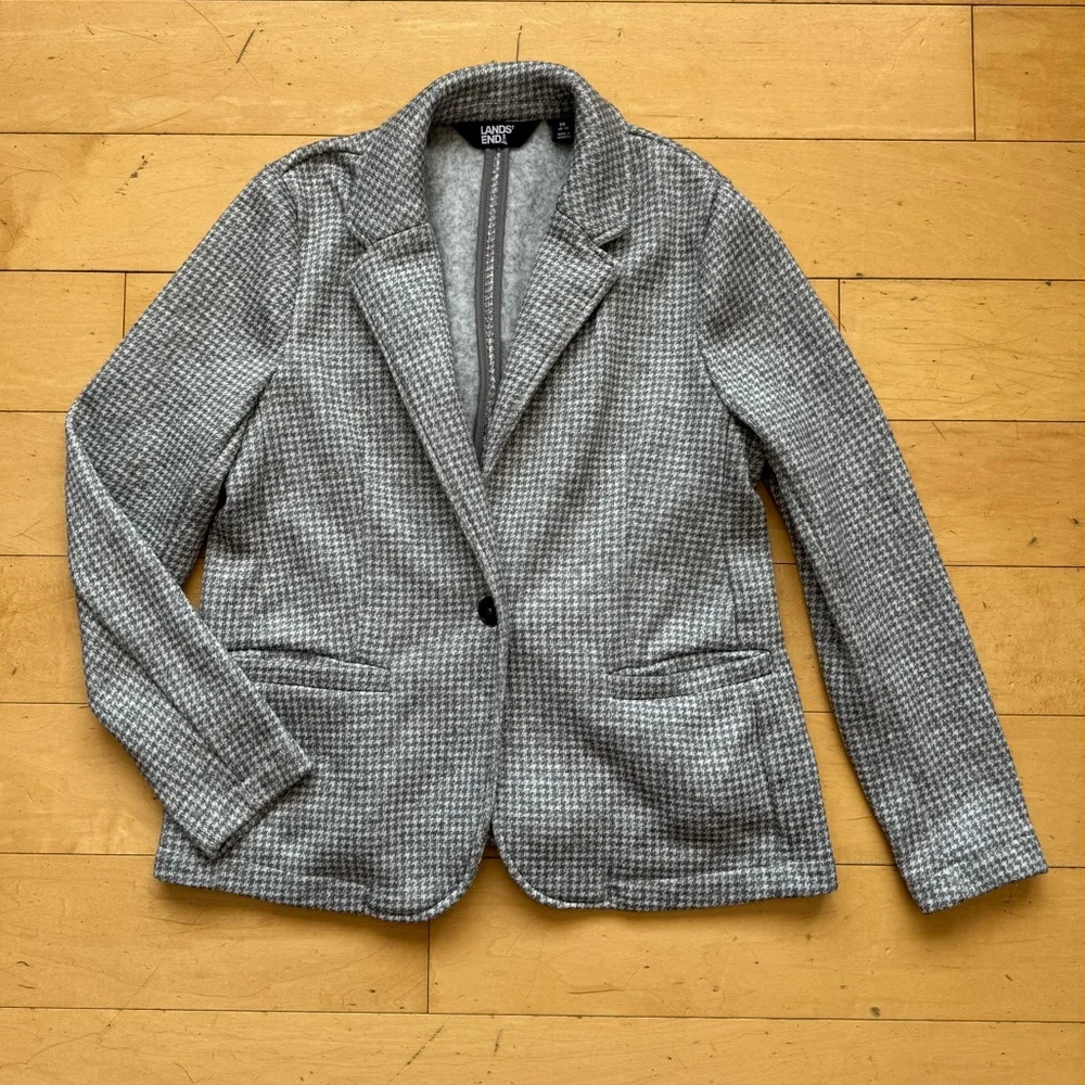 Lands’ End‎ Blazer, Sz Medium 10-12, Houndstooth Grey Polyester Academia Office